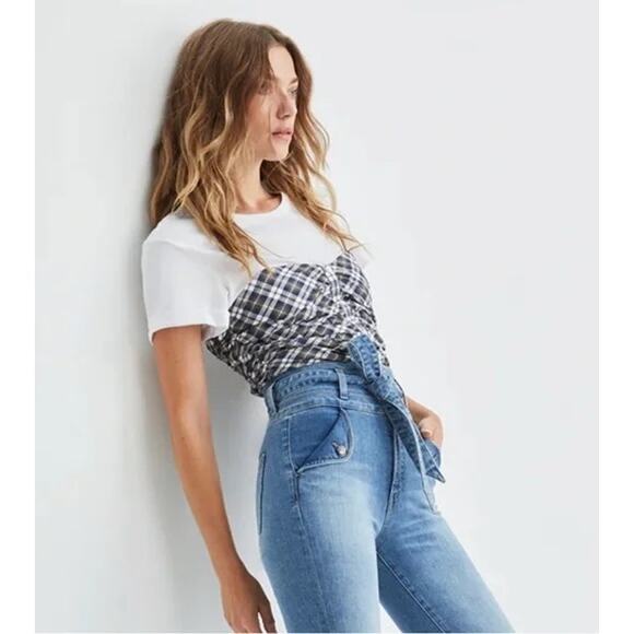 Veronica Beard Rainier Bustier Top White Layered Tee Plaid Tartan Corset | XS - Picture 1 of 9